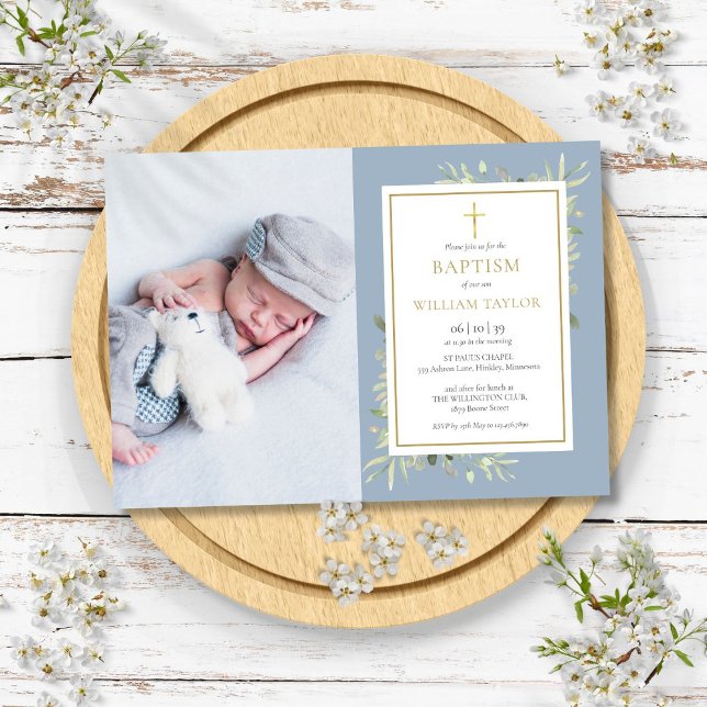 Invitation Baptême Baptême Bleu Dusty Photo Christening (Dusty Blue Greenery Baptism Christening Photo Invitation)