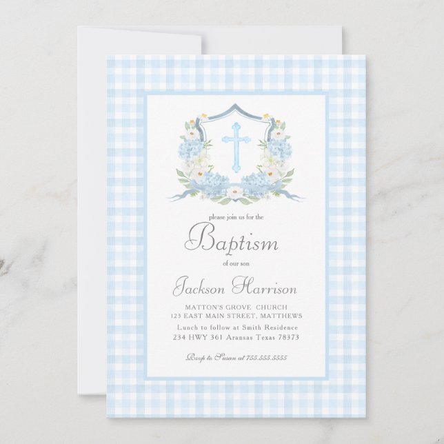 Invitation Baptême Baptême Bleu Gingham Invitation, Baptême g (Devant)