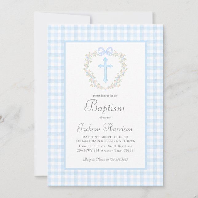 Invitation Baptême Baptême Bleu Gingham Invitation, Baptême g (Devant)