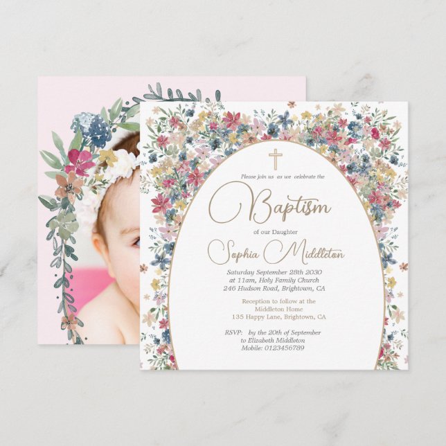 Invitation Baptême baptême Fleurs de champ photo personnelles (Devant / Derrière)