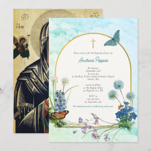 Invitation Baptême baptisé grec Fleur sauvage en marbre bleu
