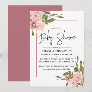 Invitation Baptême bébé aquarelle florale Rose et Or rose