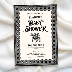 Invitation Baptême bébé dentelle victorienne noire