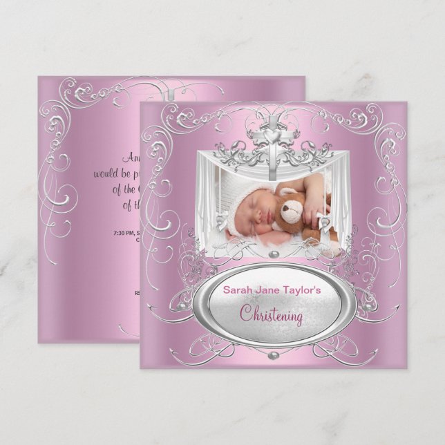 Invitation Baptême Bébé Fille Argent Rose Croix (Devant / Derrière)