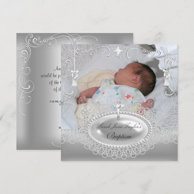 Invitation Baptême Bébé Fille Garçon Christening Perle Argent (Devant / Derrière)