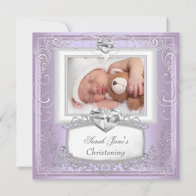 Invitation Baptême bébé fille lilas croix blanc (Devant)
