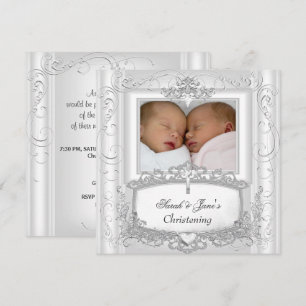 Invitation Baptême Bébé Fille ou Garçon Jumeaux Blanc
