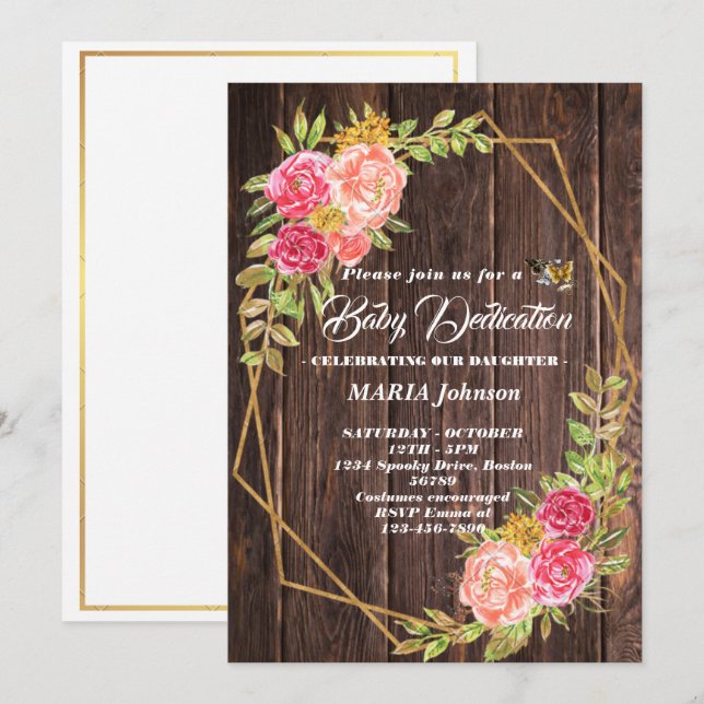 Invitation Baptême Bébé Fille Papillon Aquarelle Florale  (Devant / Derrière)