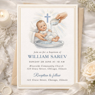 Invitation Baptême Bébé Garçon Coquille Bleue Bordure Or Élég