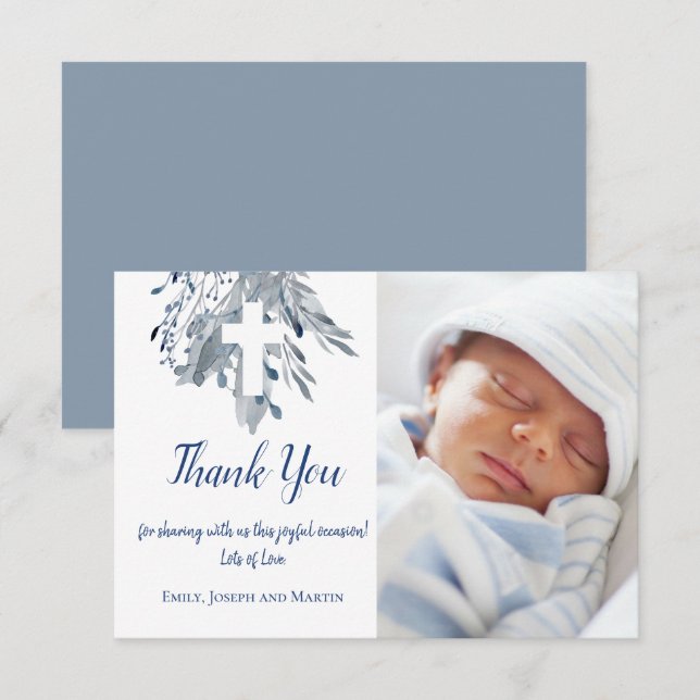 Invitation baptême bébé garçon merci aquarelle bleue (Devant / Derrière)