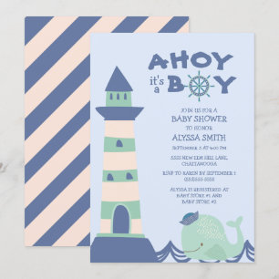 Invitation Baptême Bébé Garçon Phare Baleine Verte Bleue