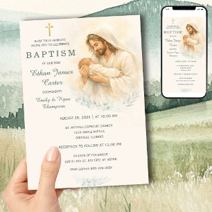 Invitation baptême bébé Jésus le tenant