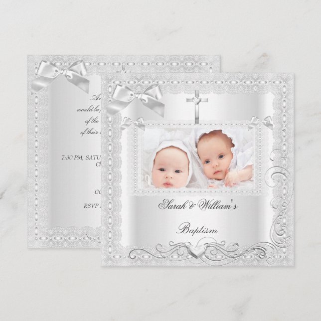 Invitation Baptême bébé jumelle fille garçon Christening dent (Devant / Derrière)