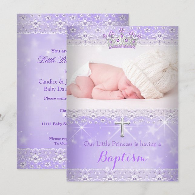 Invitation Baptême bébé Photo de la fille Lilac Purple Tiara (Devant / Derrière)