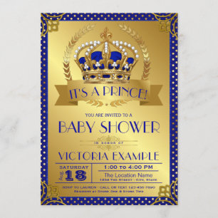 Invitation Baptême Bébé Prince Bleu Royal et Or Élégant