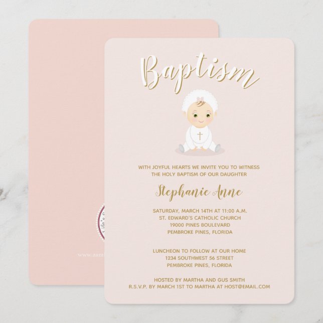 Invitation Baptême Bébée avec Bonnet (Devant / Derrière)