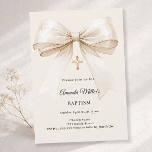 Invitation Baptême beige élégant neutre nœud