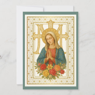 Invitation Baptême Béni Mère Jésus Rose Bleu Floral