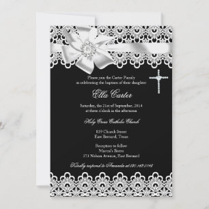 Invitation Baptême Black White Bow & Lace Cross