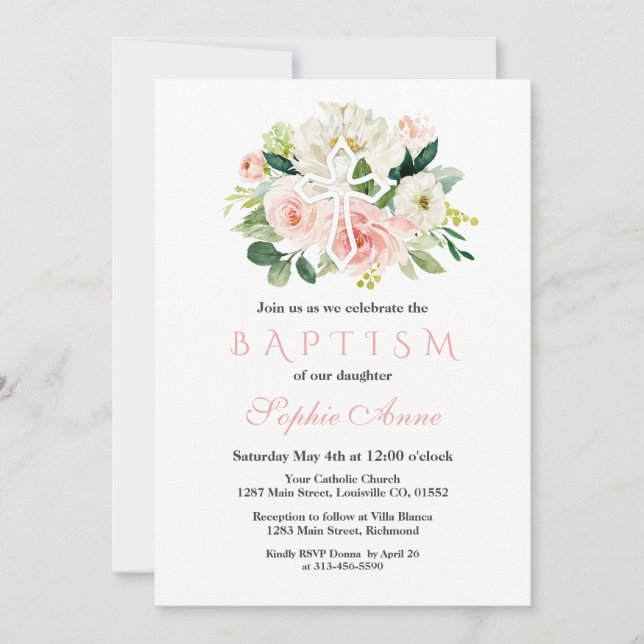 Invitation Baptême blanc blanc rose floral blanc (Devant)