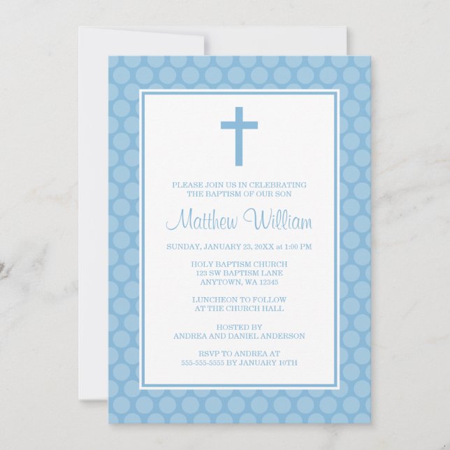 Invitation Baptême blanc bleu de baptême de garçon de croix (Devant)