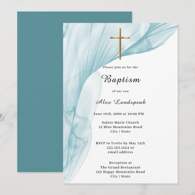 Invitation Baptême blanc, bleu Voile & Gold Cross (Devant / Derrière)