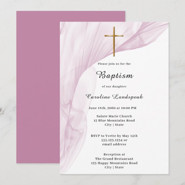 Invitation Baptême blanc, rose Voile & Gold Cross (Devant / Derrière)