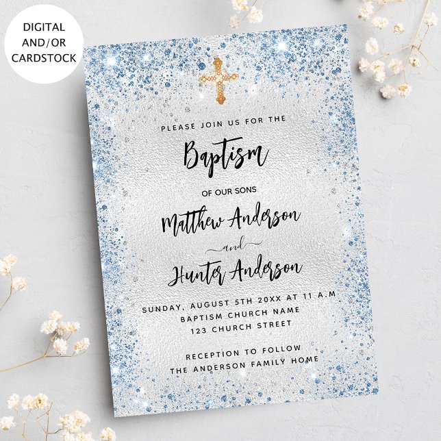Invitation Baptême bleu argent jumeaux garçons (Créateur téléchargé)