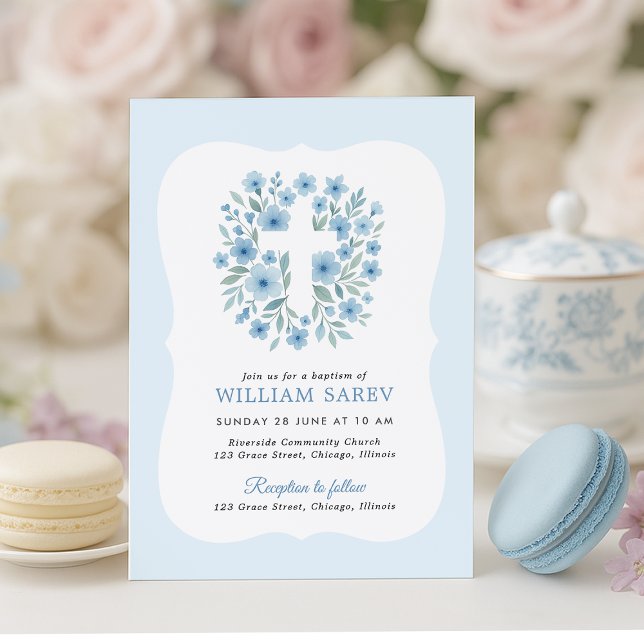 Invitation Baptême Bleu avec design de cadre courb (Elegant blue floral cross baptism invitation for baby boy – customizable template)