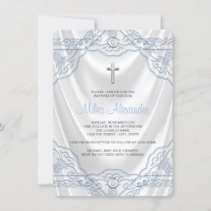 Invitation Baptême Bleu Bébé Blanc Satin