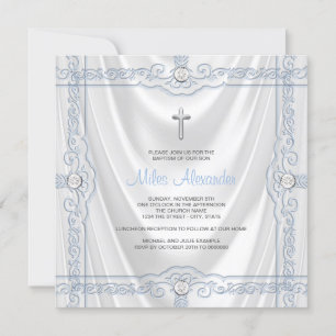 Invitation Baptême Bleu Bébé Blanc Satin