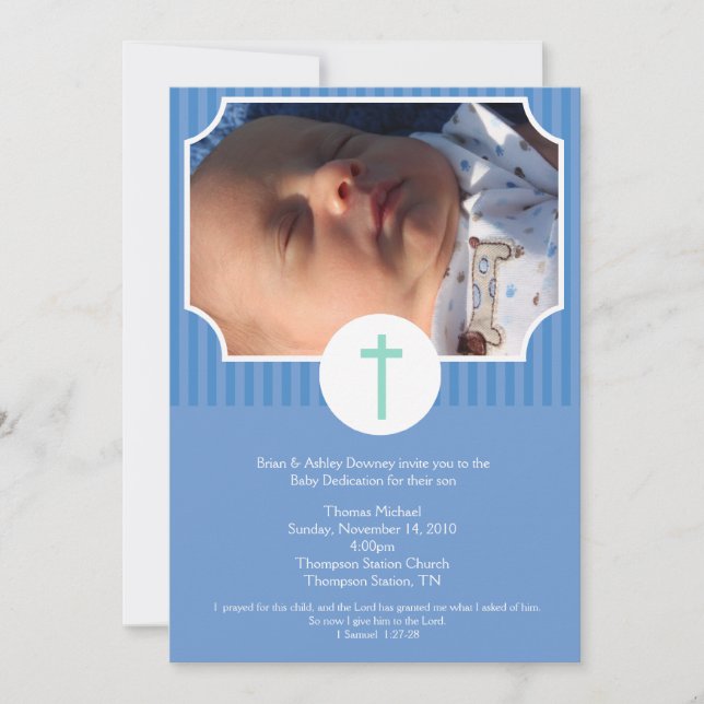 Invitation Baptême Bleu Bébé Dédication 5x7 photo (Devant)