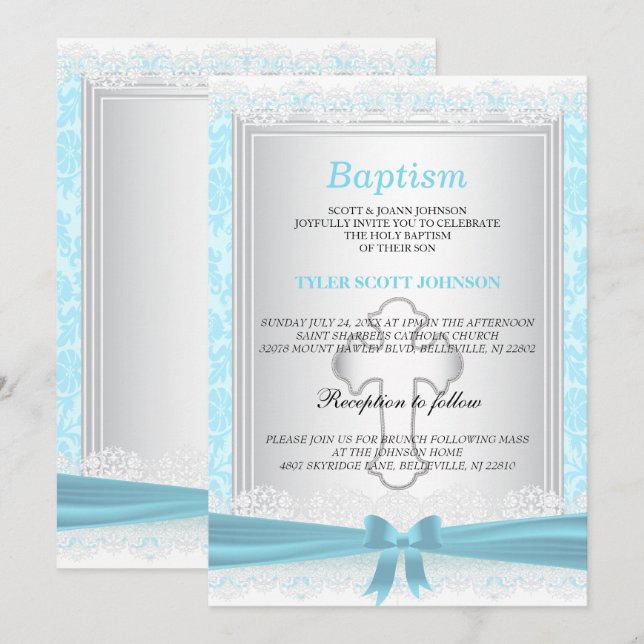 Invitation Baptême Bleu & Blanc Satin / Christening (Devant / Derrière)