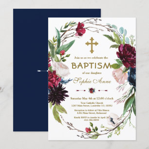 Invitation Baptême Bleu Burgundy Fleur Fer Fille Baptême