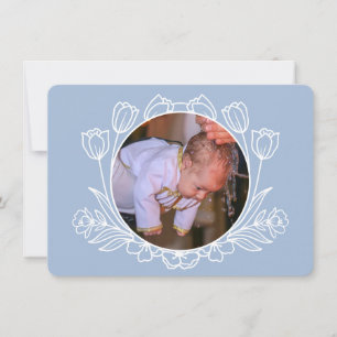 Invitation Baptême bleu clair floral simple