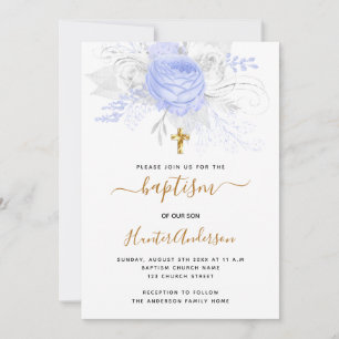 Invitation Baptême bleu clair floraux garçon élégant blanc