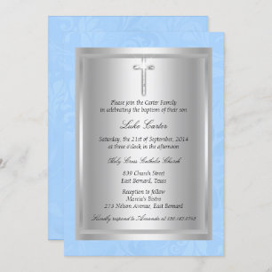 Invitation Baptême Bleu Croix Argent