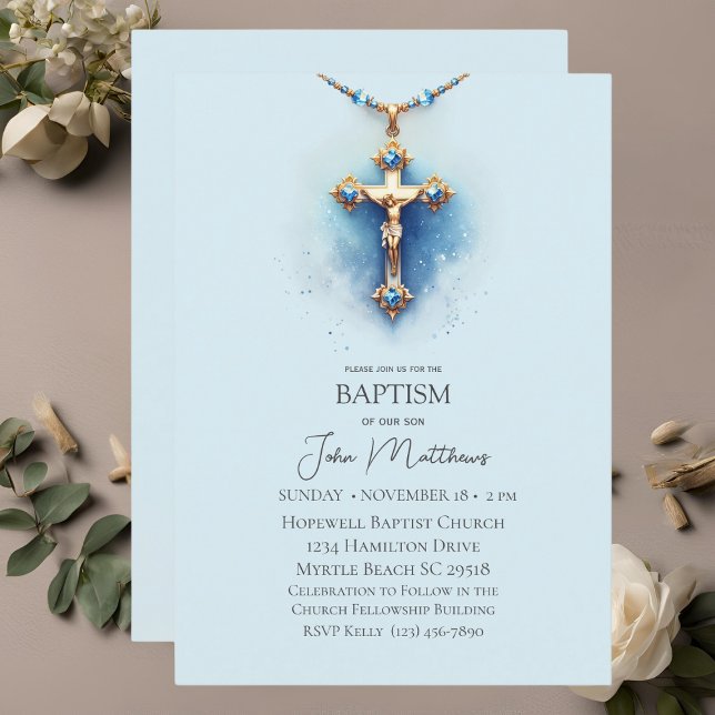 Invitation Baptême Bleu Croix Religieuse Garçons (Créateur téléchargé)