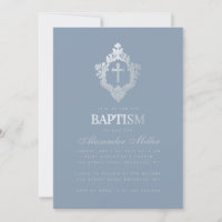 Baptême Bleu Dusty Elégant Faux Argent Crest Boy