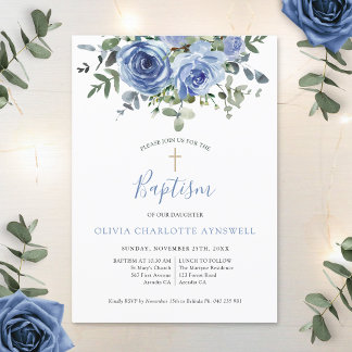 Invitation Baptême Bleu Dusty Rose Eucalyptus Christening