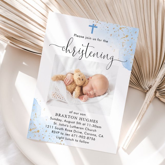 Invitation Baptême Bleu et Gold Boy Christening Baptême (Créateur téléchargé)