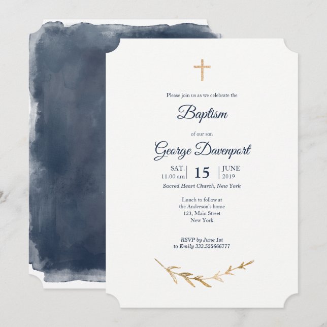 Invitation Baptême Bleu et or Élégant Événement religieux (Devant / Derrière)