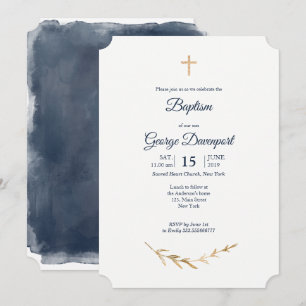 Invitation Baptême Bleu et or Élégant Événement religieux