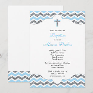 Invitation Baptême Bleu et Parties scintillant Argent Baptême