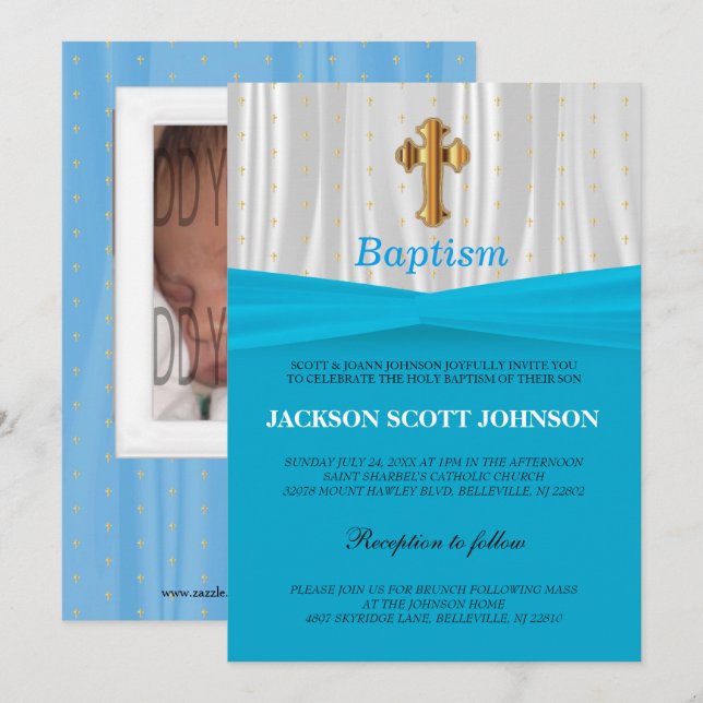 Invitation Baptême Bleu et Satin Blanc / Baptême (Devant / Derrière)