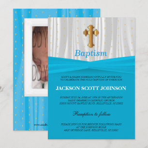 Invitation Baptême Bleu et Satin Blanc / Baptême