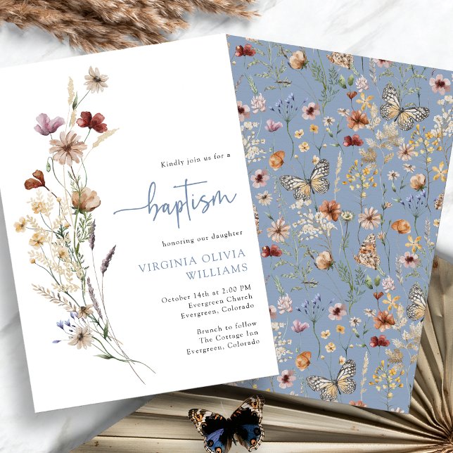 Invitation Baptême Bleu Fleur sauvage (Dusty Blue Baptism Wildflowers Invitation by Painted Paperie
)