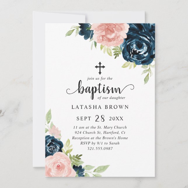 Invitation Baptême bleu floral de la marine rose (Devant)