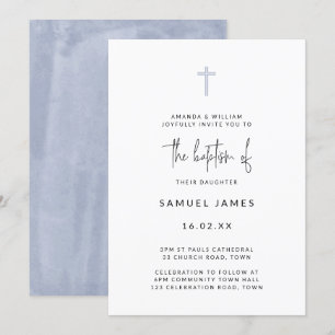 Invitation Baptême bleu minimaliste moderne aquarelle manuscr