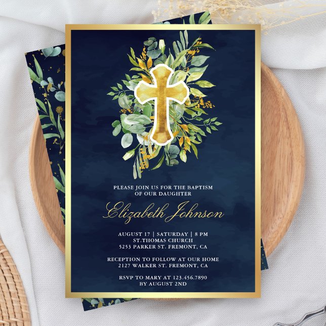 Invitation Baptême Bleu Nuit Vert Eucalyptus Rustique Or (Créateur téléchargé)